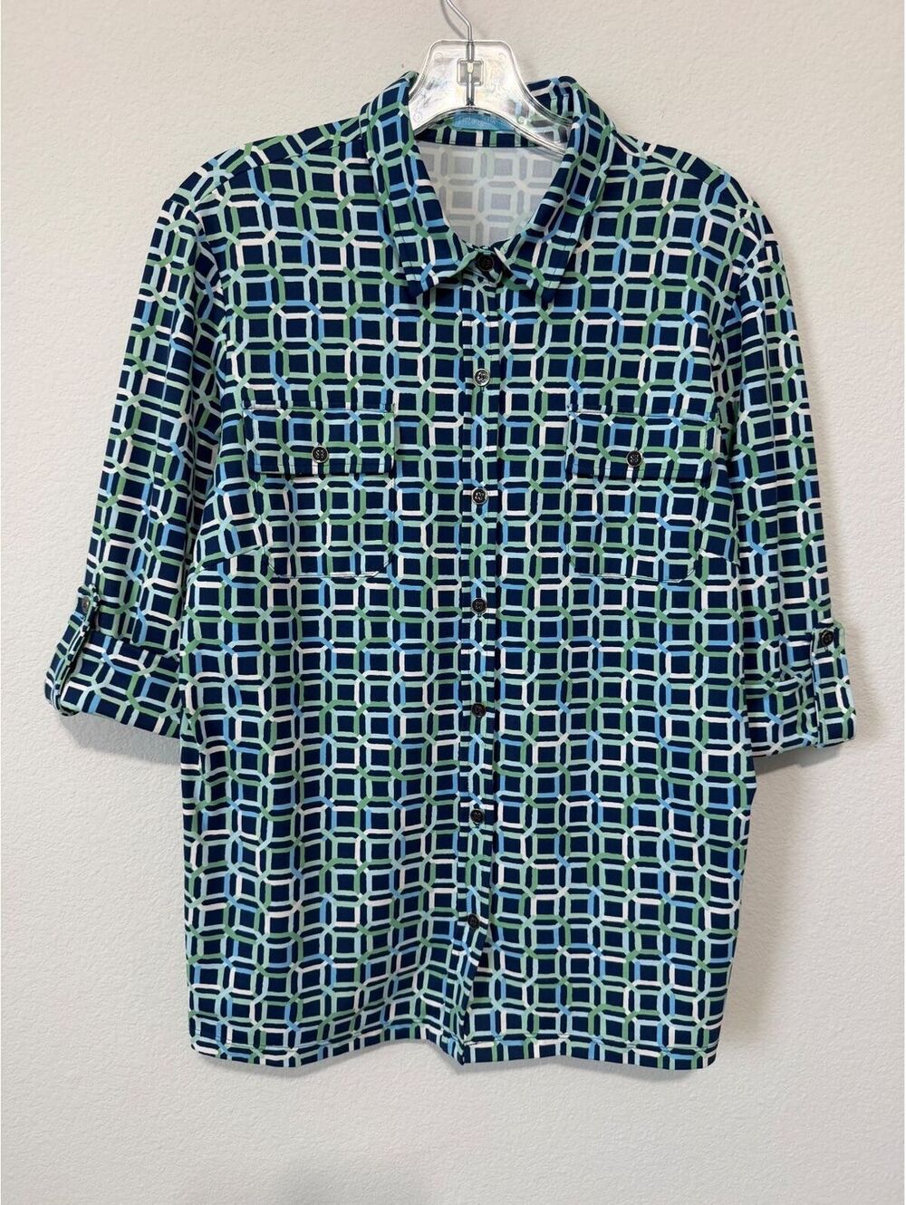 J. McLaughlin 3/4 Sleeve Collared Button Up Multicolor Geo Stretch Shirt Size L